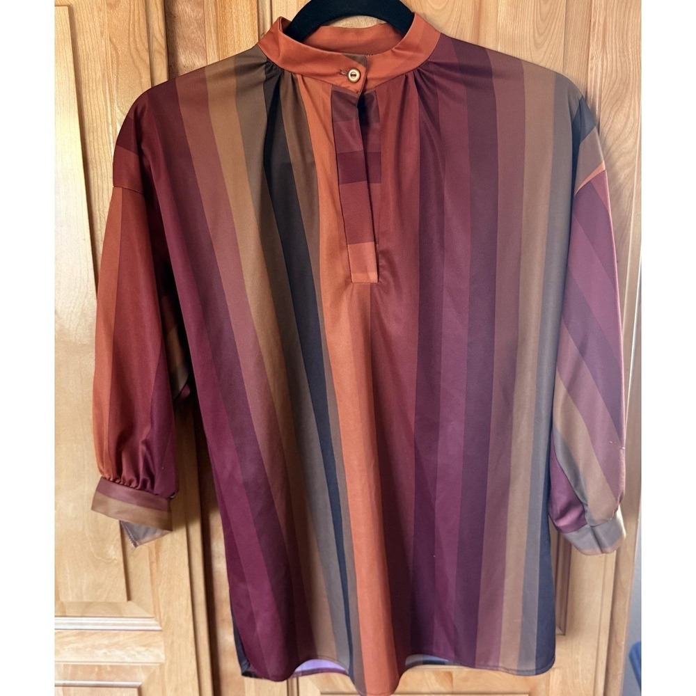 Vintage 70s Sears Blouse Small Top Balloon Sleeve Mandarin Collar Disco Striped - Picture 13 of 16